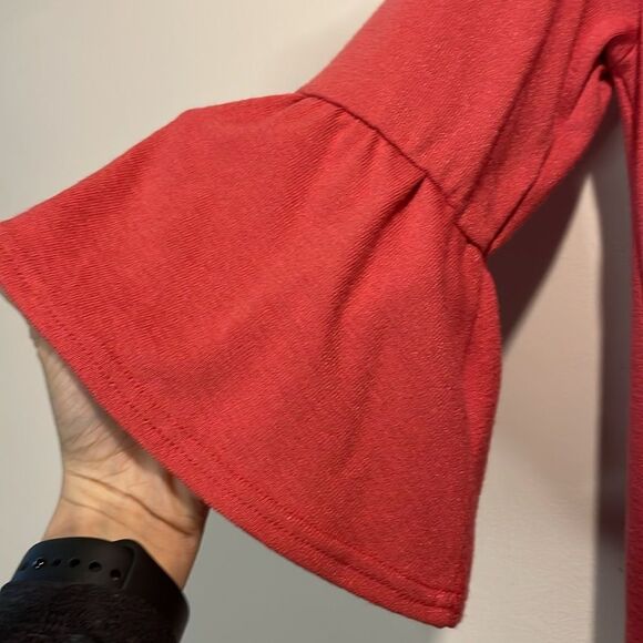 Gap- NWT Knit T-Shirt Dress Ruffled Flutter Bell Sleeves Red Peach- Size M - Picture 4 of 7
